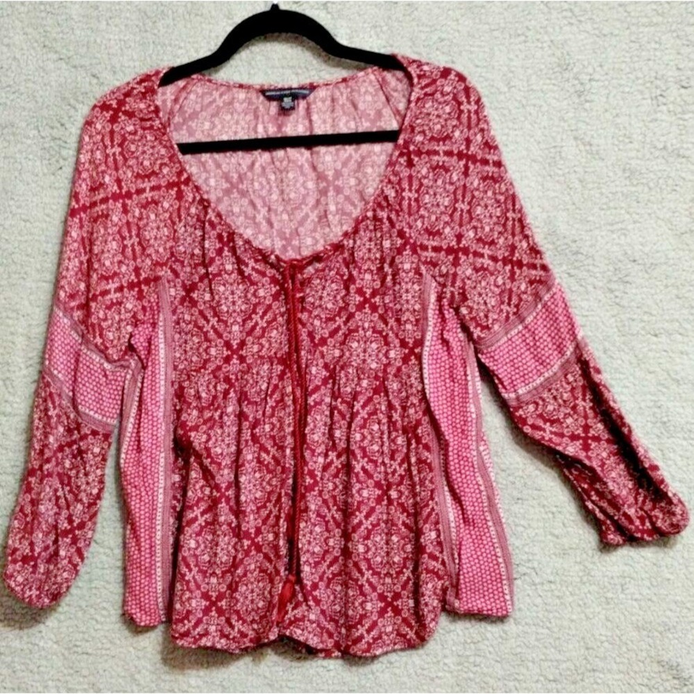American Eagle Outfitters Top Womens XS Red Floral Tassel Tie Boho Peasant
